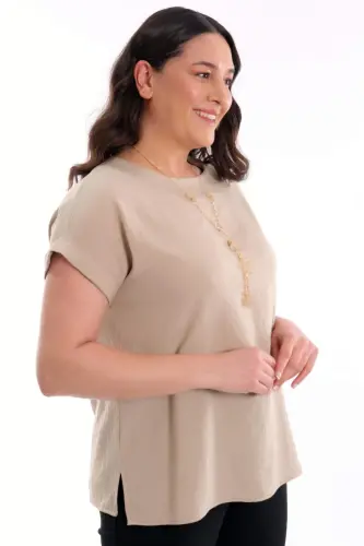Plus Size Scoop Neck Basic Beige Blouse - 4
