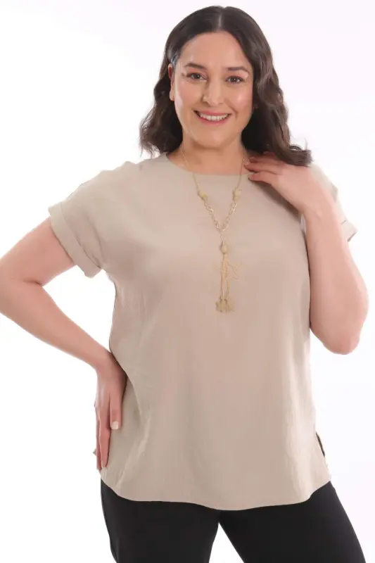 Plus Size Scoop Neck Basic Beige Blouse - 5