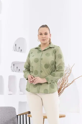 Plus Size Sea Green Shirt with Crochet Lace Detail - 1