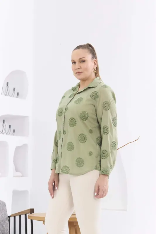 Plus Size Sea Green Shirt with Crochet Lace Detail - 8