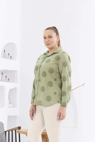 Plus Size Sea Green Shirt with Crochet Lace Detail - 3