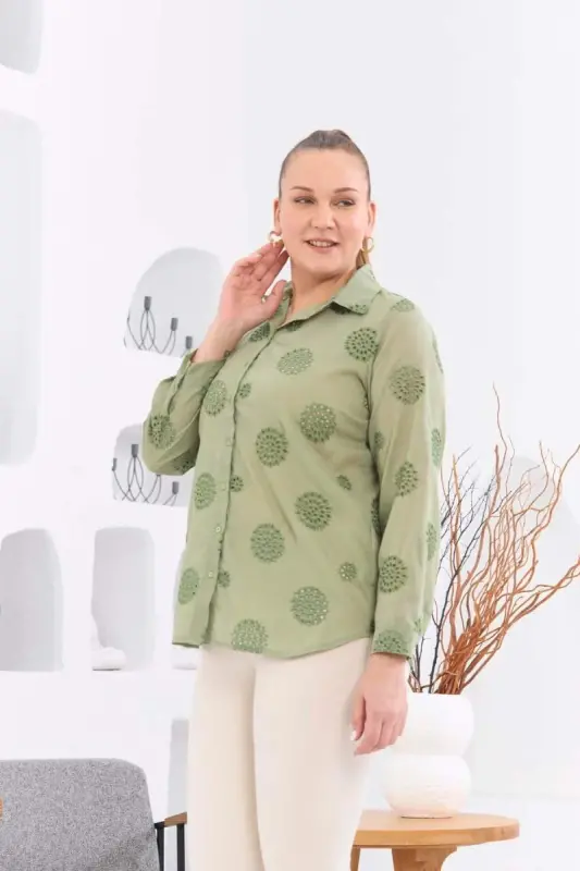 Plus Size Sea Green Shirt with Crochet Lace Detail - 2