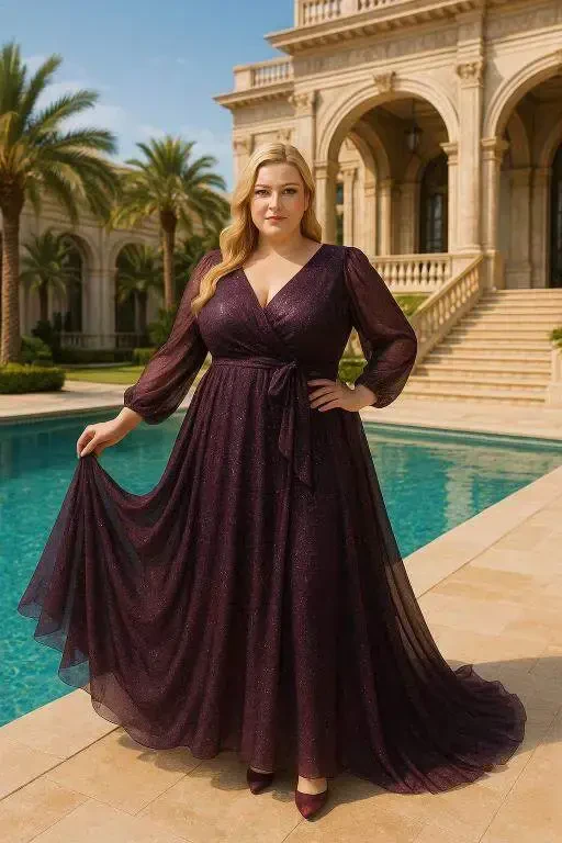 Plus Size Self-Glitter Long Sleeve Self-Glitter KL3047 Purple Evening Dress - 1