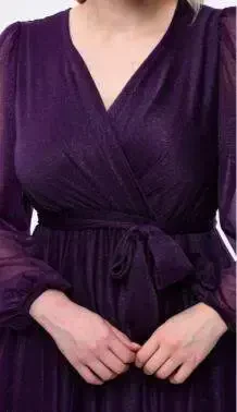 Plus Size Self-Glitter Long Sleeve Self-Glitter KL3047 Purple Evening Dress - 3