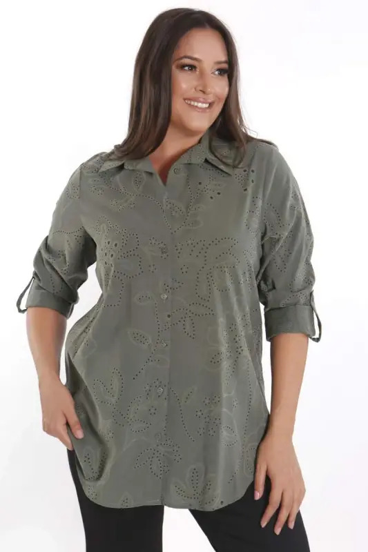 Plus Size Self-Patterned Green Shirt - 1