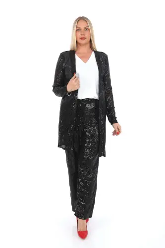 Plus Size Sequin Beaded Pants Jacket Blouse 3 Piece Suit Black GLS534 - 1