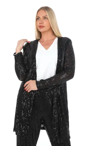 Plus Size Sequin Beaded Pants Jacket Blouse 3 Piece Suit Black GLS534 - BÜYÜKBEDENIZ (1)