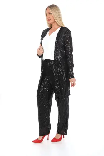 Plus Size Sequin Beaded Pants Jacket Blouse 3 Piece Suit Black GLS534 - 3