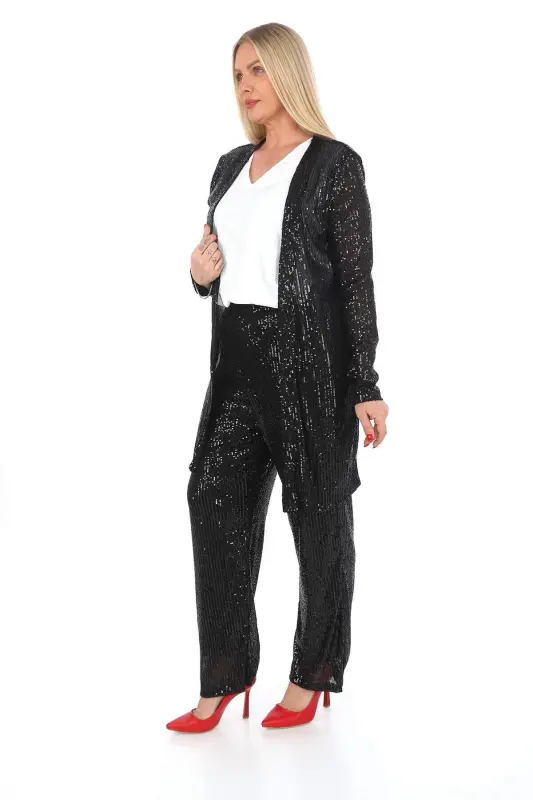 Plus Size Sequin Beaded Pants Jacket Blouse 3 Piece Suit Black GLS534 - 3