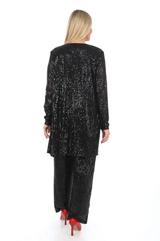 Plus Size Sequin Beaded Pants Jacket Blouse 3 Piece Suit Black GLS534 - 4
