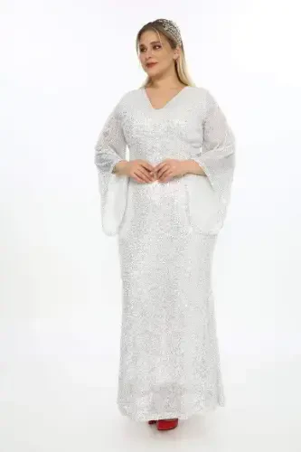 Plus Size Sequin Beaded Sparkle Prom Dress KL3100 Silver - BÜYÜKBEDENIZ (1)