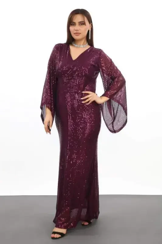 Plus Size Sequin Beading Glitter Formal Dress KL3100 Purple - 2