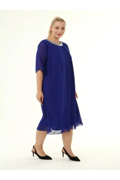 Plus Size Sequin Collar 4/3 Sleeve Chiffon Dress 9005 - FARBA