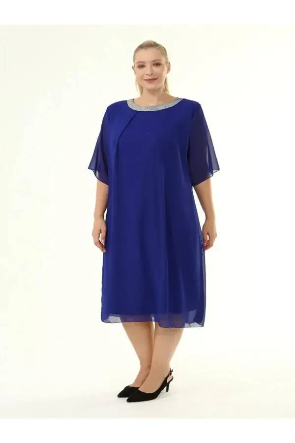 Plus Size Sequin Collar 4/3 Sleeve Chiffon Dress 9005 - 4