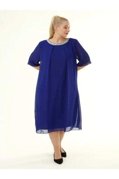 Plus Size Sequin Collar 4/3 Sleeve Chiffon Dress 9005 - 5