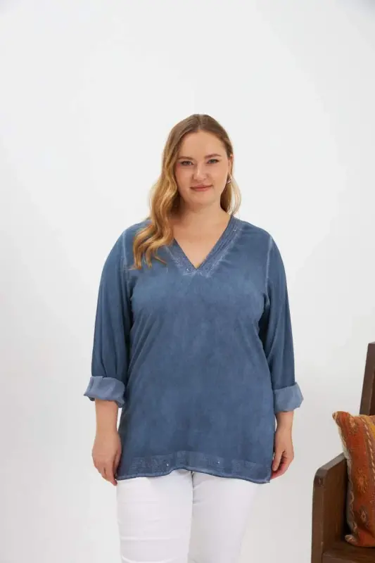 Plus Size Sequin Detail Blouse Indigo - 1