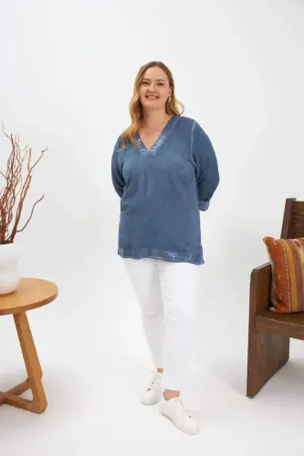 Plus Size Sequin Detail Blouse Indigo - 3
