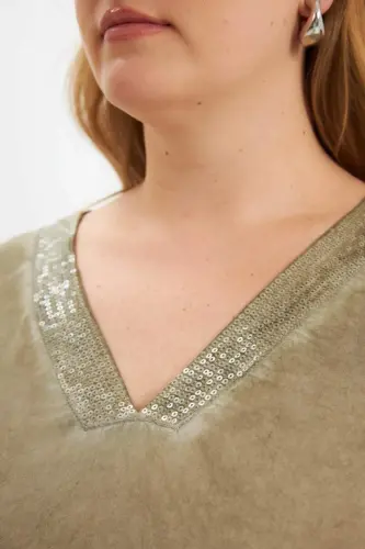 Plus Size Sequin Detail Blouse Khaki - 4
