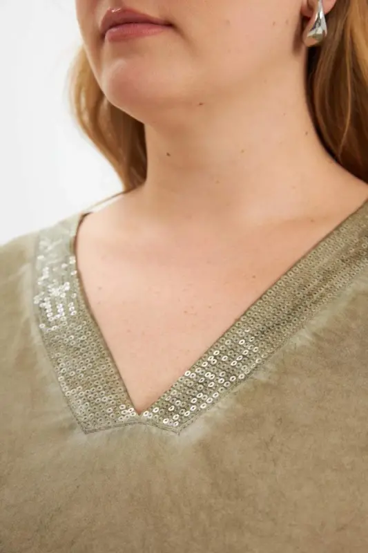 Plus Size Sequin Detail Blouse Khaki - 4