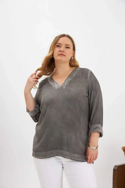 Plus Size Sequin Detail Blouse Smoke Gray - 1