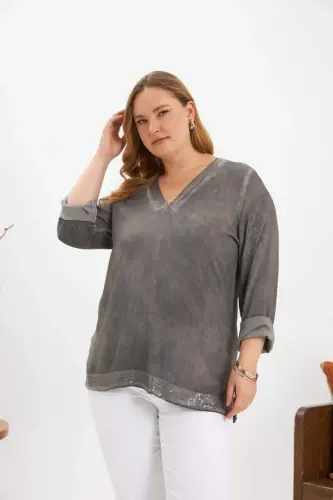 Plus Size Sequin Detail Blouse Smoke Gray - BÜYÜKBEDENIZ (1)