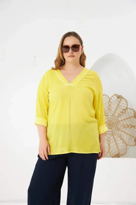 Plus Size Sequin Detail Blouse Yellow - 2