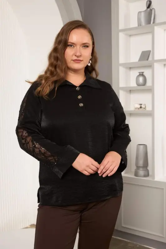 Plus Size Sequin Detail Satin Blouse Black - 2