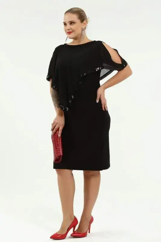 Plus Size Sequin Detail Short Evening Dress KL8022K Black - 1