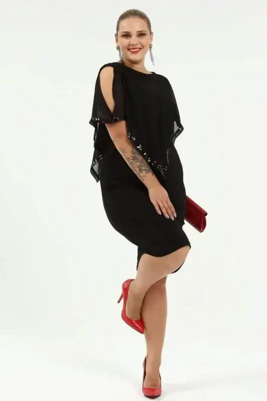 Plus Size Sequin Detail Short Evening Dress KL8022K Black - 3