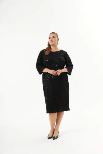 Plus Size Sequin Embellished Mottled Evening Dress Black - 1