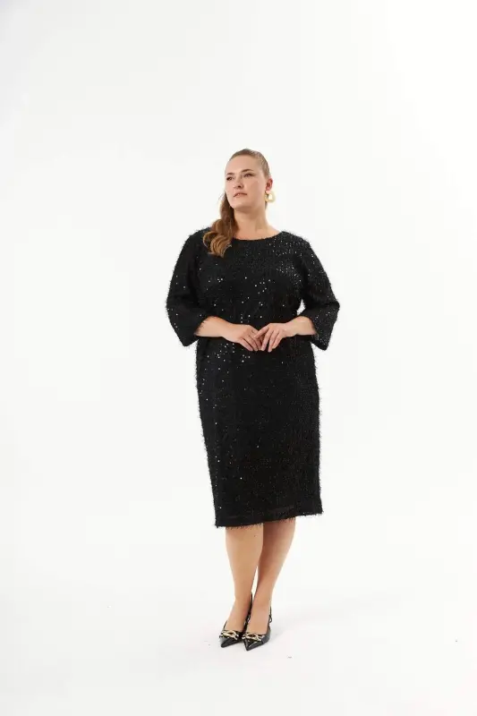 Plus Size Sequin Embellished Mottled Evening Dress Black - BÜYÜKBEDENIZ