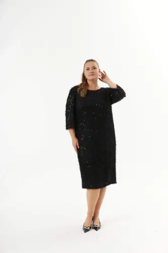 Plus Size Sequin Embellished Mottled Evening Dress Black - BÜYÜKBEDENIZ (1)