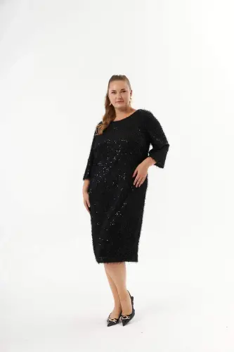 Plus Size Sequin Embellished Mottled Evening Dress Black - 3