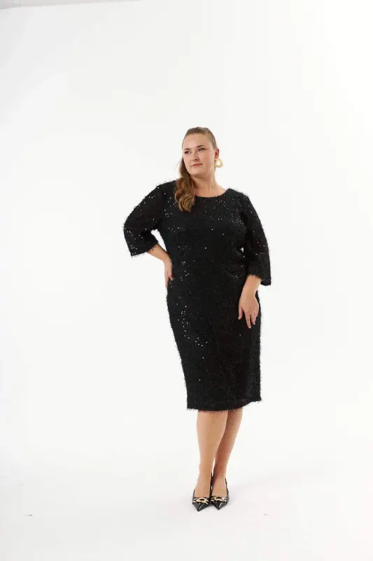 Plus Size Sequin Embellished Mottled Evening Dress Black - 4