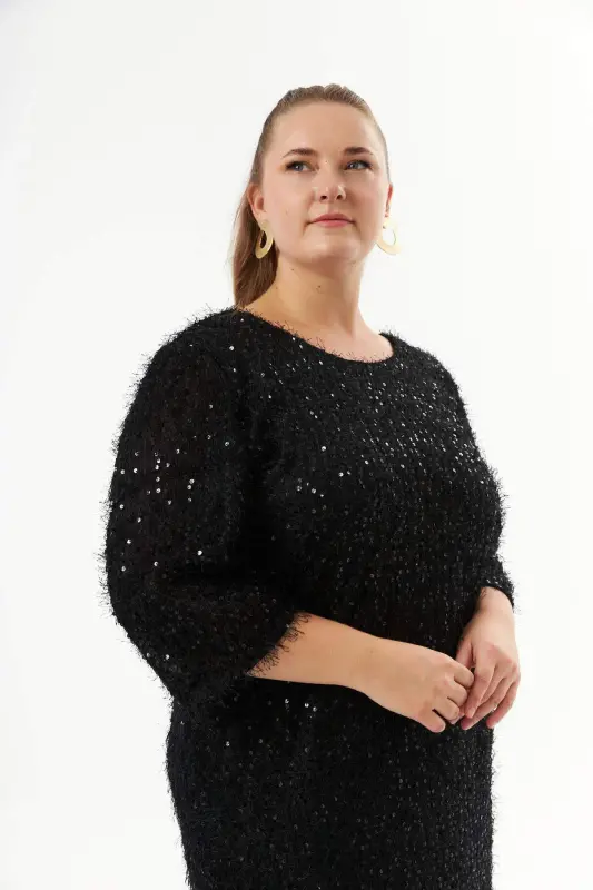 Plus Size Sequin Embellished Mottled Evening Dress Black - 5