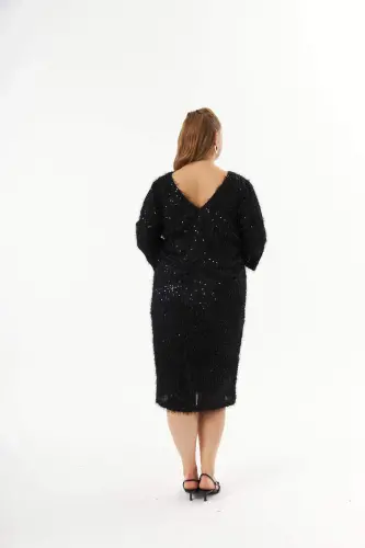 Plus Size Sequin Embellished Mottled Evening Dress Black - 7