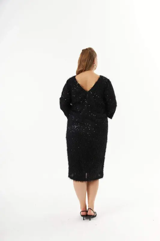 Plus Size Sequin Embellished Mottled Evening Dress Black - 7