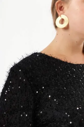 Plus Size Sequin Embellished Mottled Evening Dress Black - 7