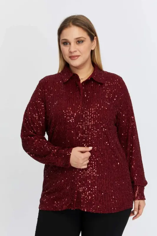 Plus Size Sequin Embellished Shirt Burgundy - BÜYÜKBEDENIZ