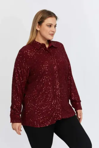 Plus Size Sequin Embellished Shirt Burgundy - BÜYÜKBEDENIZ (1)