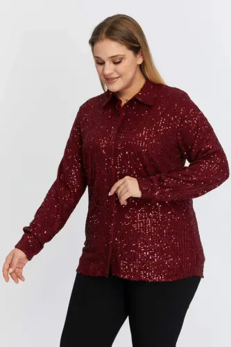 Plus Size Sequin Embellished Shirt Burgundy - 3