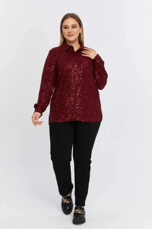 Plus Size Sequin Embellished Shirt Burgundy - 4