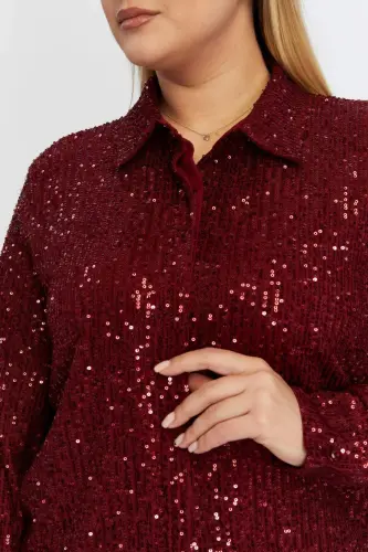 Plus Size Sequin Embellished Shirt Burgundy - 6
