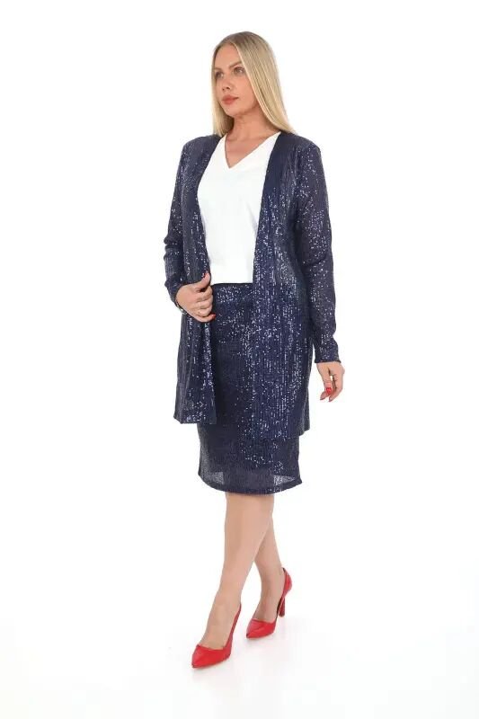 Plus Size Sequin Embroidered Skirt Jacket Blouse 3 Piece Set Navy Blue GLS5346 - 3