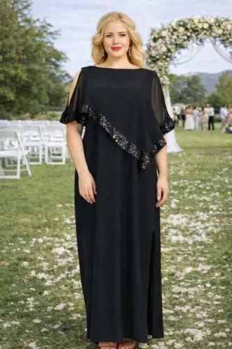 Plus Size Sequin Long Evening Dress KL8022U Black - BÜYÜKBEDENIZ (1)