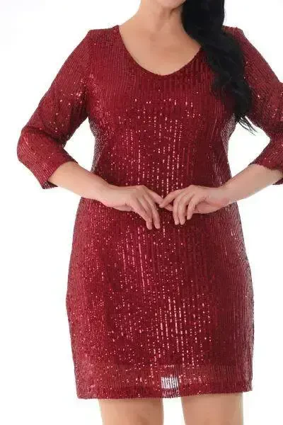 Plus Size Sequin Short Burgundy Evening Dress KL3069 - 3