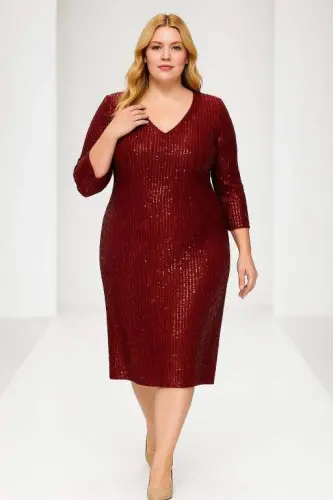 Plus Size Sequin Short Burgundy Evening Dress KL3069 - 1