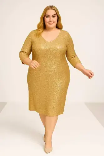 Plus Size Sequin Short Gold Evening Dress KL3069 - 1