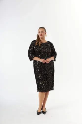 Plus Size Sequin Tinsel Evening Dress Bronze - BÜYÜKBEDENIZ (1)