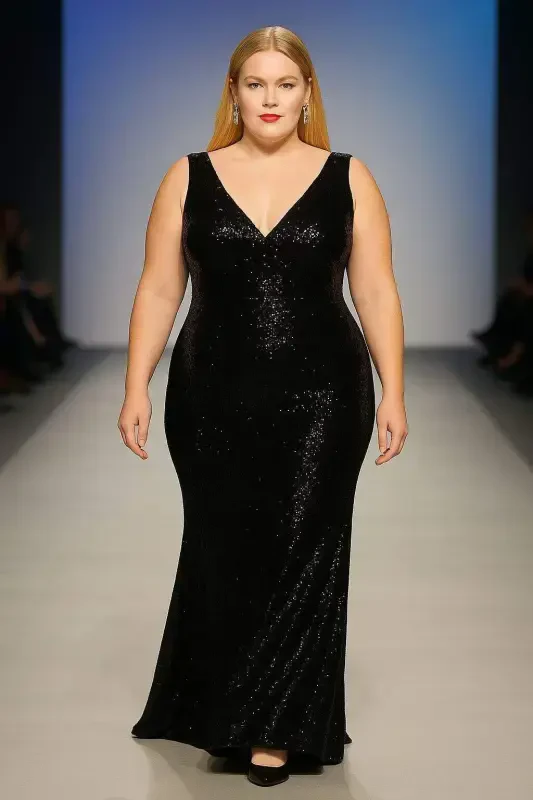 Plus Size Sequin V-Neck Long Evening Dress KL3098 Black - BÜYÜKBEDENIZ